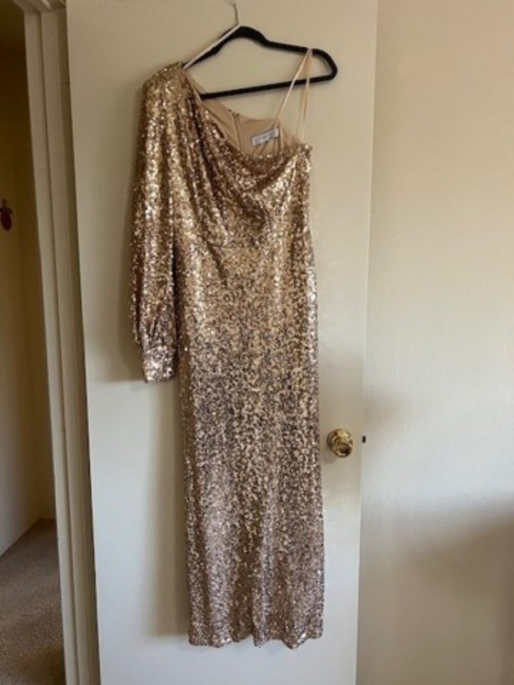 Ieena for Mac Duggal Gold Sequined One Shoulder Bishop Sleeve Trumpet Gown.